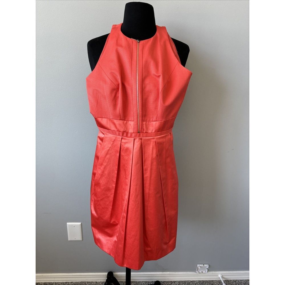 🧡 KAREN MILLEN ORANGE‎ CORAL SATIN SKIRT STRUCTURED DRESS SIZE 2 WEDDING 🧡